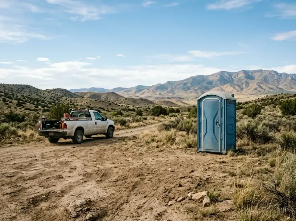 Portable Toilet — Remote Location — Portable Toilet, Pickup Truck, Dirt Road, Remote Location, Portable Toilet Rental in Eva…